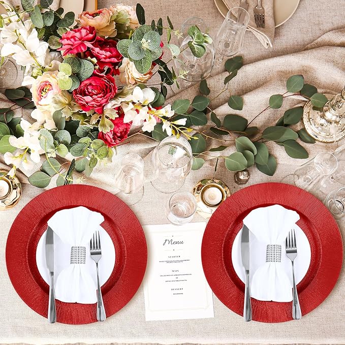 Tanlade 12 Pcs Charger Plates Bulk 13 Inch Plastic Round Wedding Chargers Floral Decorative Plates with Metallic Ruffled Rim for Wedding Party, Holiday Event Supplies(Red)