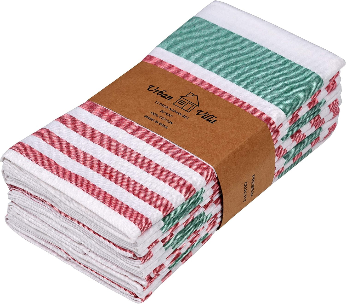 Urban Villa Dinner Napkins Horizontal Stripes Cloth Napkins Set of 12 Ruby/Green Color Dinner Napkins 20x20 Inches 100% Cotton Over sized Cloth Napkins with Mitered Corners Dinner Napkins