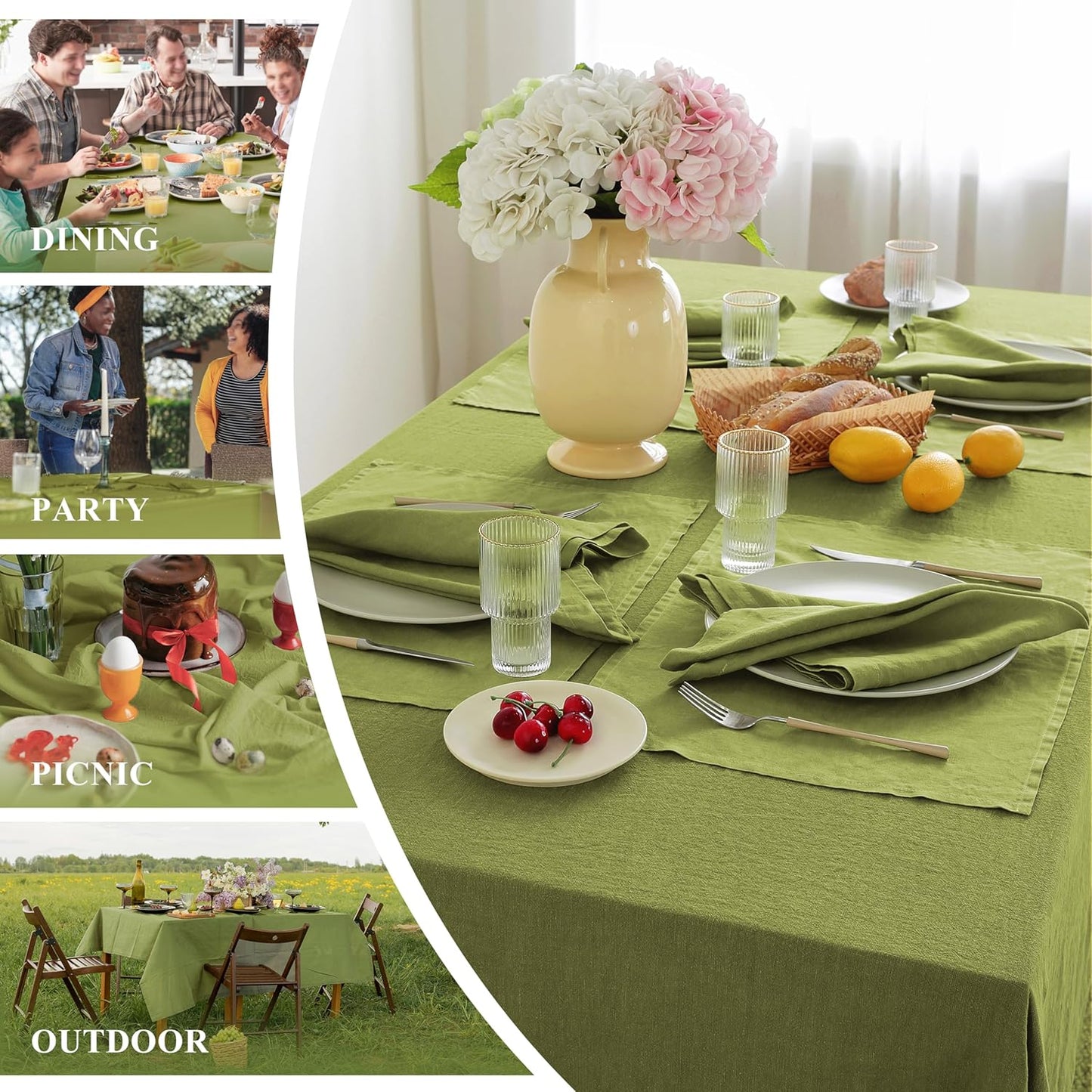 Linen World Vintage Tablecloths 60x108 Inch,100% French Linen Tablecloth,Classic Vintage Washed Table Cloths for Kitchen,Outdoor,Weddings,Decorative Thanksgiving Christmas,Moss Green