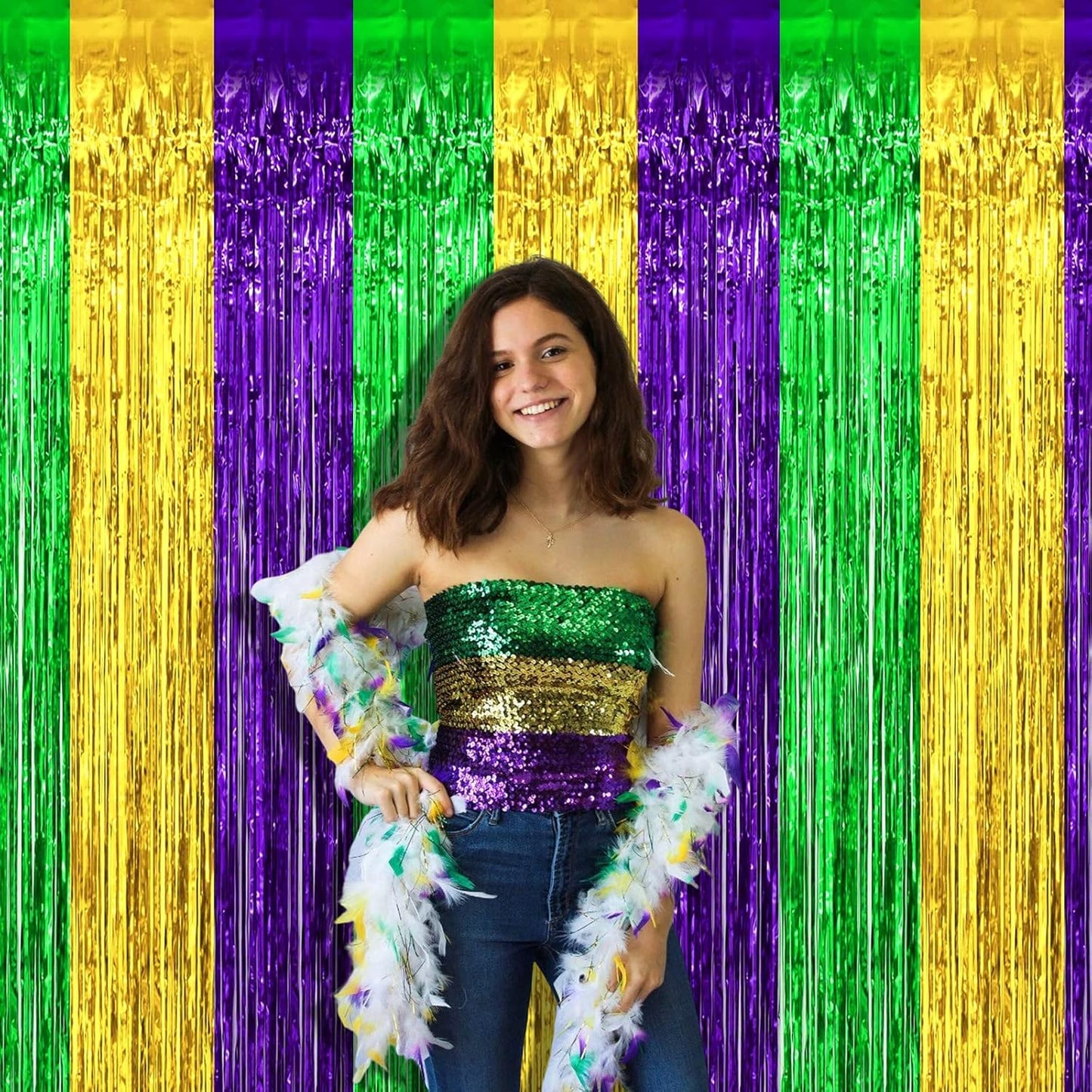 4 Pack 3.2Ft x 6.6Ft Mardi Gras Foil Fringe Curtain Backdrop, Gold Green Purple Metallic Tinsel Foil Fringe Streamers Curtains Background for Photo Booth, Birthday, Wedding, Carnival Party Decoration