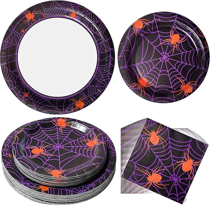 75pcs Spider Party Supplies - Disposable Spider Web Paper Plates & Napkins (25pcs 9" & 7" Plates, 25pcs Napkins) for Birthdays, Halloween, Birthday, and Parties Decoration