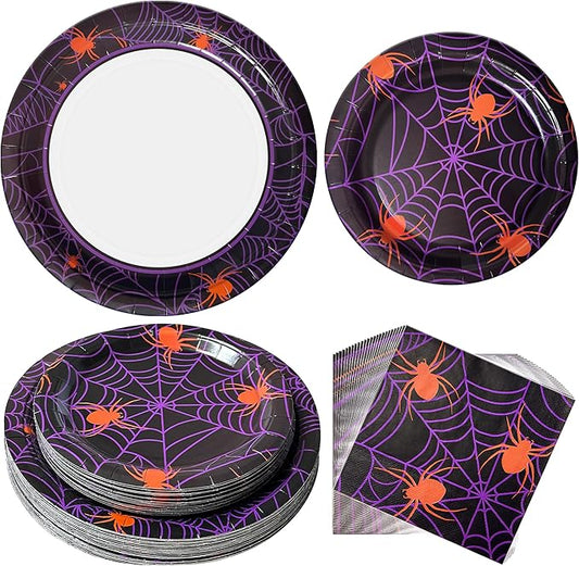 75pcs Spider Party Supplies - Disposable Spider Web Paper Plates & Napkins (25pcs 9" & 7" Plates, 25pcs Napkins) for Birthdays, Halloween, Birthday, and Parties Decoration