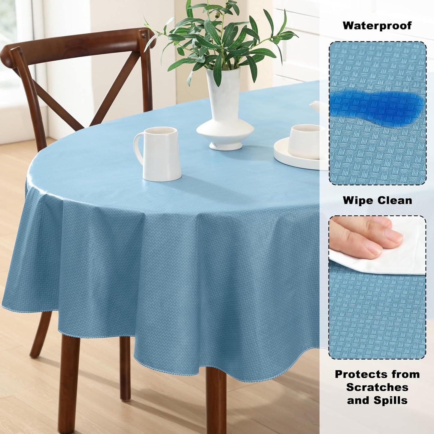 Newbridge Basketweave Vinyl Flannel Backed Tablecloth, 60 x 84 Inch Oval, Blue, Basket Weave Textured Indoor Outdoor Waterproof Table Cover for Patio, Kitchen, Dining