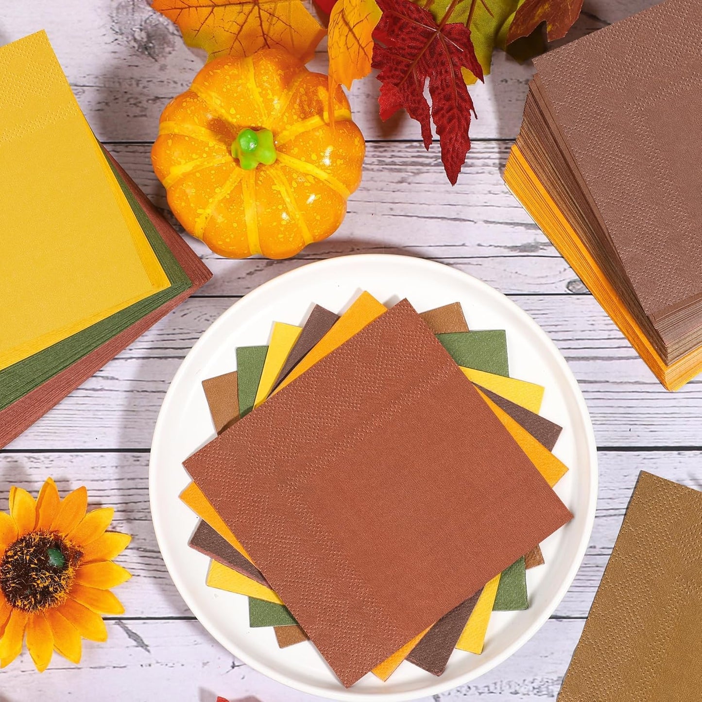 150 Pieces Thanksgiving Fall Paper Napkins Cocktail Napkin Beverage Luncheon Napkins 2 Ply for Autumn Party Favors, 6 Colors