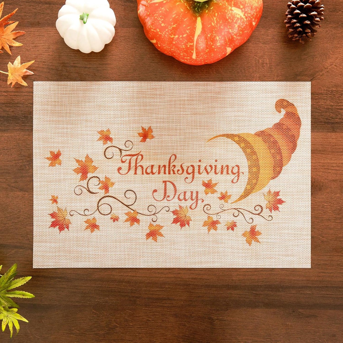 Thanksgiving Placemats Set of 6 Fall Place Mats Pumpkin Maple Leaves Table Mats Washable Non-Slip Heatproof Woven Placemats for Dining Table (17.7" X 11.8")