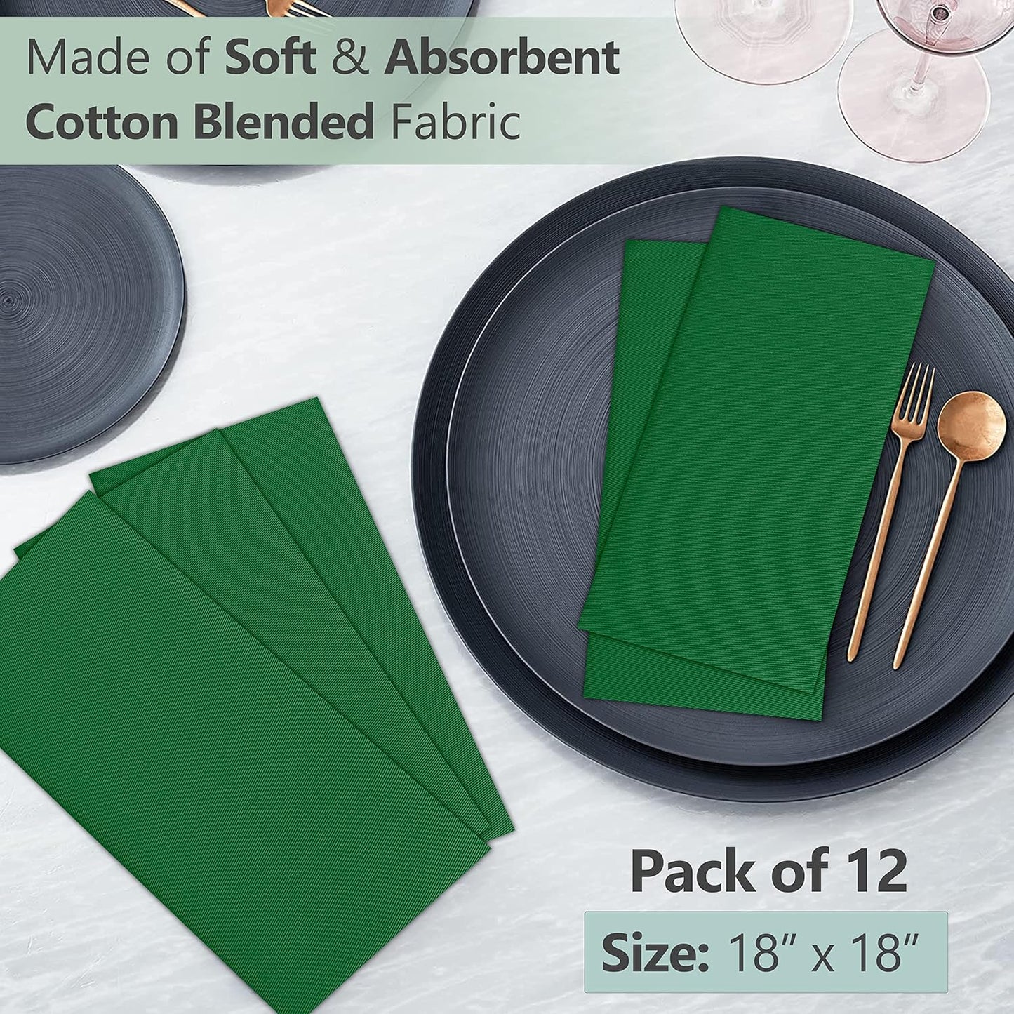 Ruvanti Cloth Napkins Set of 12, 18x18 Inches Napkins Cloth Washable, Soft, Durable, Absorbent, Cotton Blend. Table Dinner Napkins Cloth for Hotel, Christmas Parties, Restaurant, Wedding - Dark Green