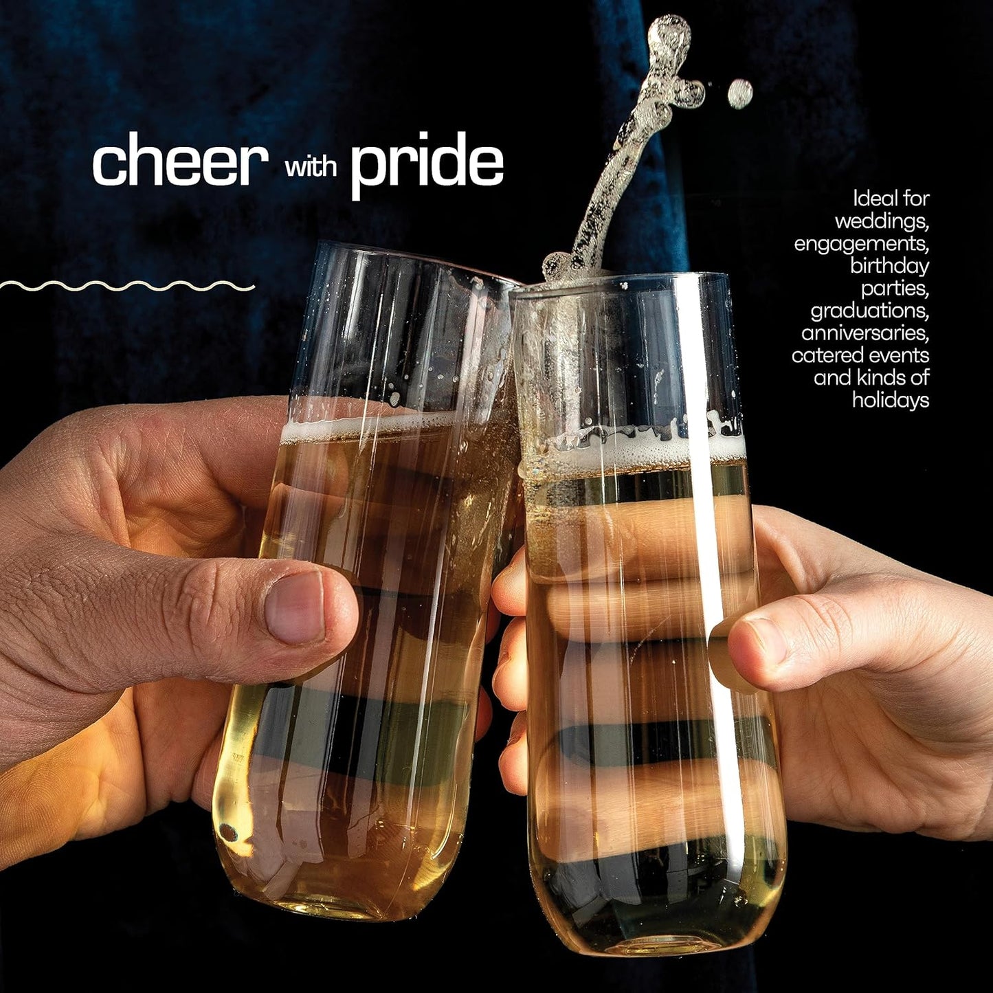 DECADORN Clear Stemless Champagne Flutes Plastic 24 Pack - 9oz Plastic Champagne Glasses - Durable and Sturdy Mimosa Glasses For Parties - Shatterproof, Recyclable, BPA-Free, Smooth Rims.