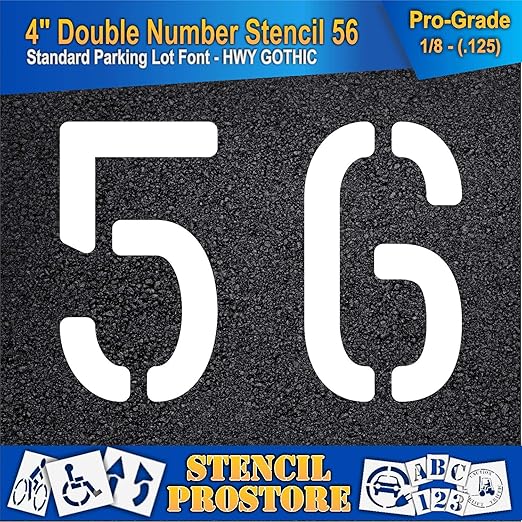 Pavement, Curb, and WheelStop Stencils - 4 inch Double Number Stencil - (56) - 4" x 5.5" x 1/8" (128 mil) - Pro-Grade