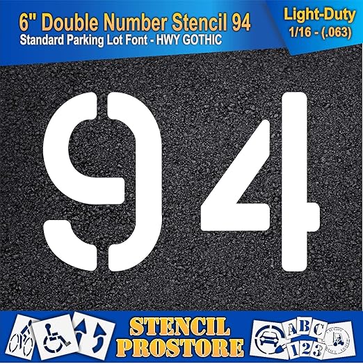 Pavement, Curb, and WheelStop Stencils - 6 inch Double Number Stencil - (94) - 6" x 9" x 1/16" (63 mil) - Light-Duty
