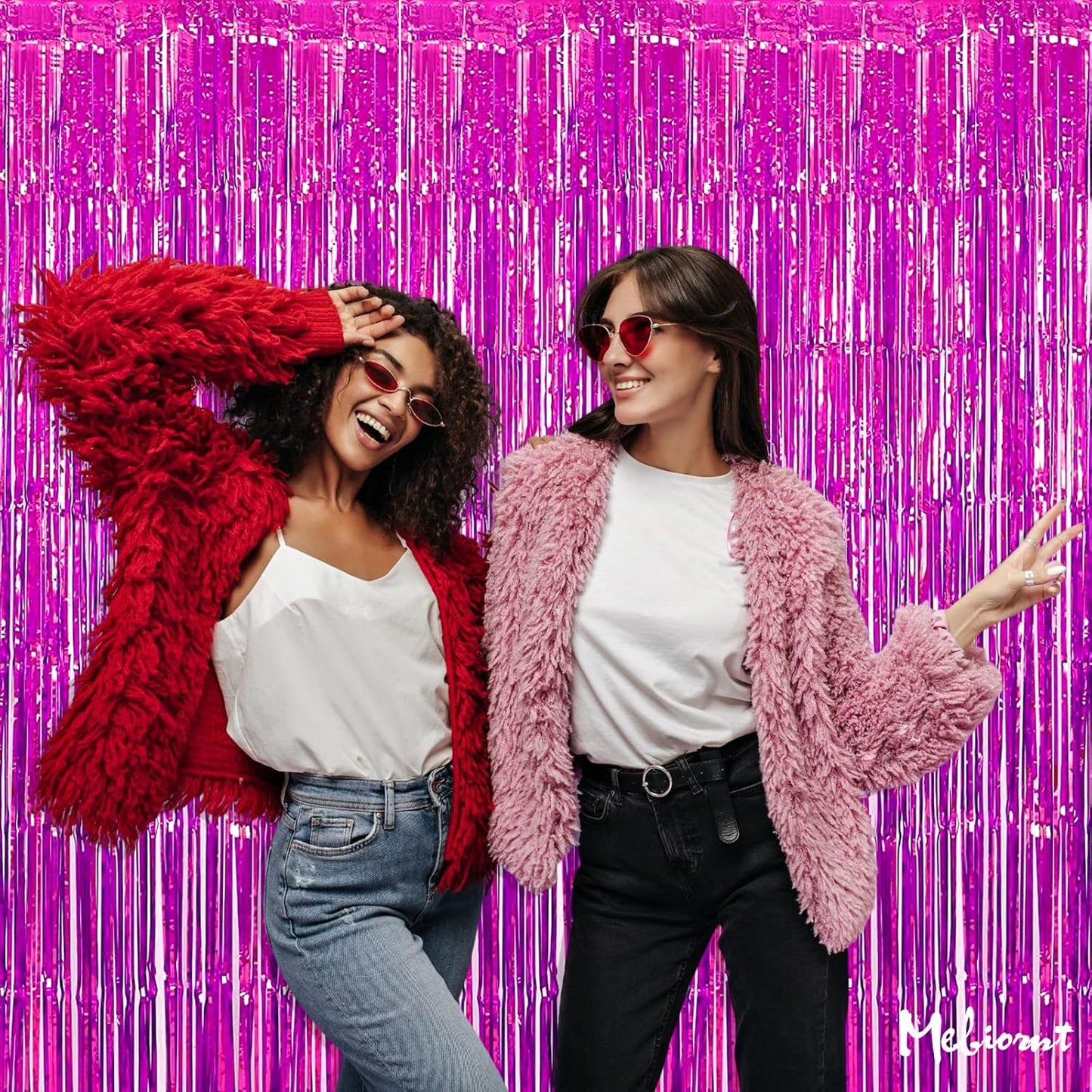 4 Pack Fuchsia Fringe Curtain Backdrop, 3.2Ft x 6.6Ft Metallic Tinsel Foil Fringe Streamers Curtains Background for Photo Booth Birthday Wedding Baby Shower Party Thanksgiving Christmas Decorations
