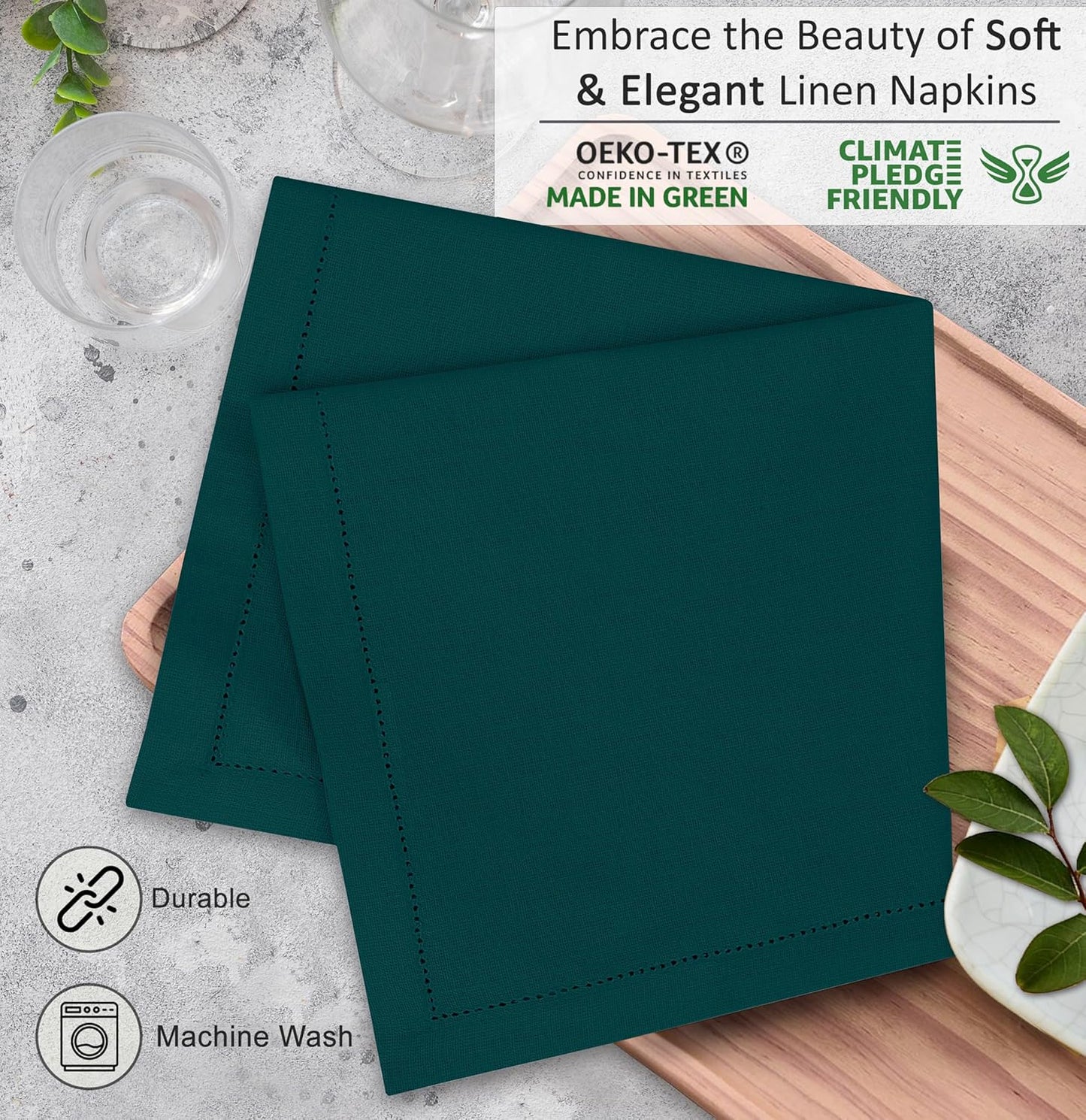 Ruvanti Premium Linen Napkins Set of 4-20x20 Inch, Classic Hemstitch, Mitered Corner Cloth Napkins ‎‎- Soft, Elegant Dinner Napkins Cloth Washable for Weddings, Parties, Everyday Use - Teal