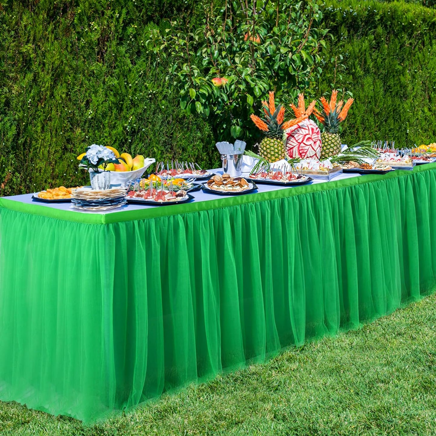 14ft Green Table Skirt Tulle Tutu Table Clothes for Birthday Boy Girl Baby Shower Gender Neutral Graduation, Hawaiian Jungle Luau Themed Party, Animal Safari Theme Party Decorations