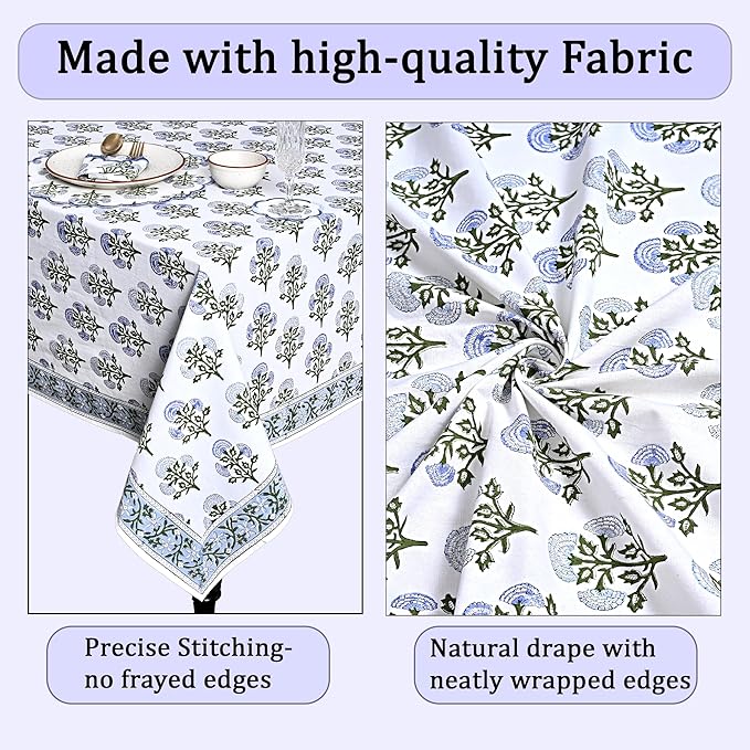Ridhi Hand Block Print Mughal Buta Blue Rectangle Cotton Tablecloth 90" x 60" Reusable Table Cover Decorative Everyday Use for Dining, Farmhouse, Home Gift for Spring, Easter, Valentine
