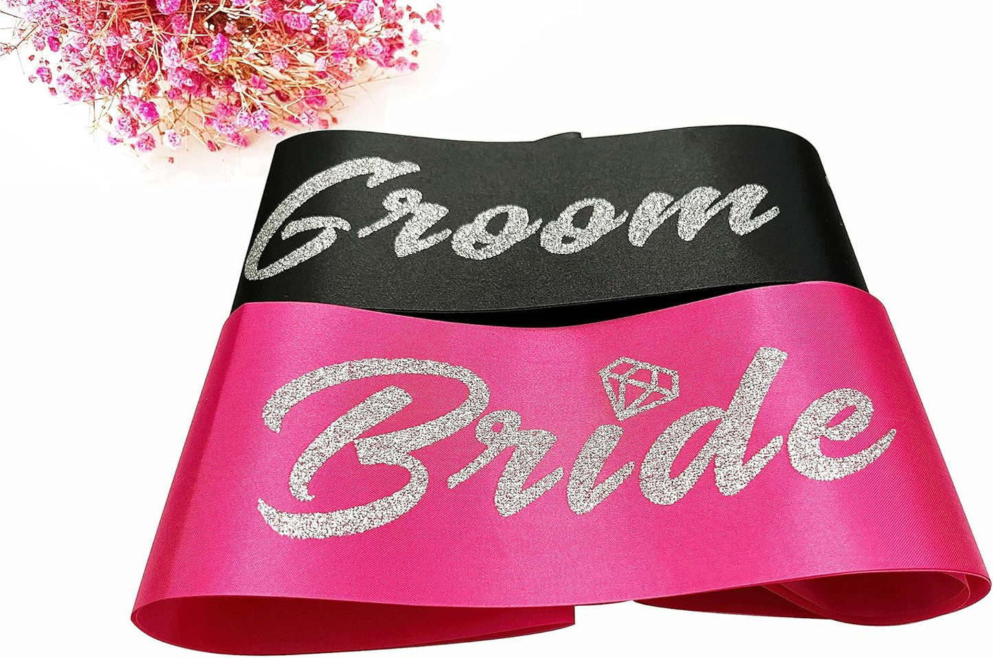 Bride and Groom to Be Sash Set, Black and Hot Pink Satin Soft Sashes with Silver Glitter Letter for Bridal Shower Engagement Bachelorette Party Decorations Supplies