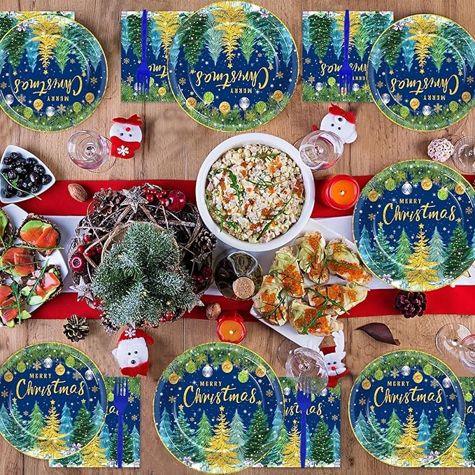 96pcs Christmas Pine Tree Paper Plates and Napkins - Xmas Party Decorations, Dessert Cake Snowflakes, Serves 24