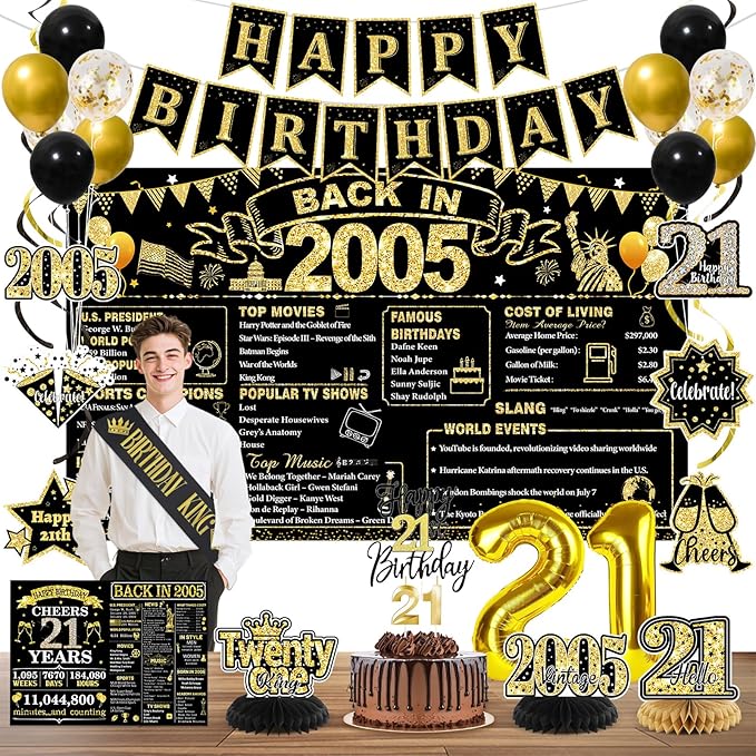 21st Birthday Decorations for Him, Black Gold Back in 2005 Party Supplies Kit with Sash, Banner, Backdrop, Balloons, Cake Topper & Honeycomb Centerpieces, 21 Year Old Birthday Party Decor Set