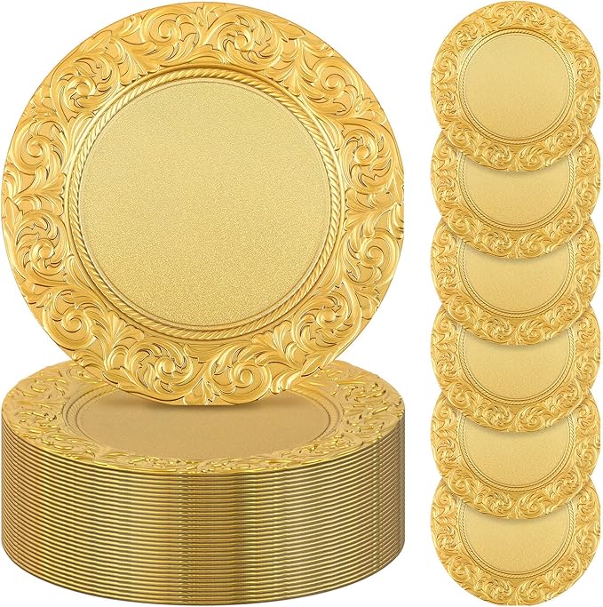 Uiifan 50 Pcs Antique Charger Plates Bulk 13'' Plastic Plate Chargers Decorative Embossed Rim Round Plates for Wedding Party Event Dinner Kitchen Table Setting Decoration (Gold)