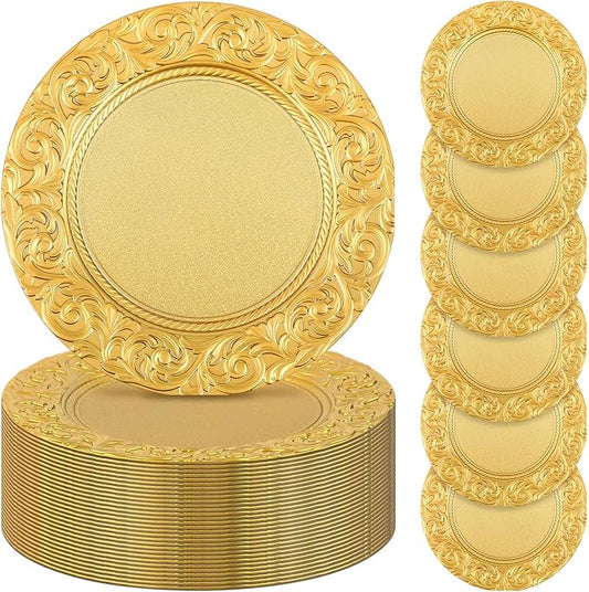 Uiifan 50 Pcs Antique Charger Plates Bulk 13'' Plastic Plate Chargers Decorative Embossed Rim Round Plates for Wedding Party Event Dinner Kitchen Table Setting Decoration (Gold)