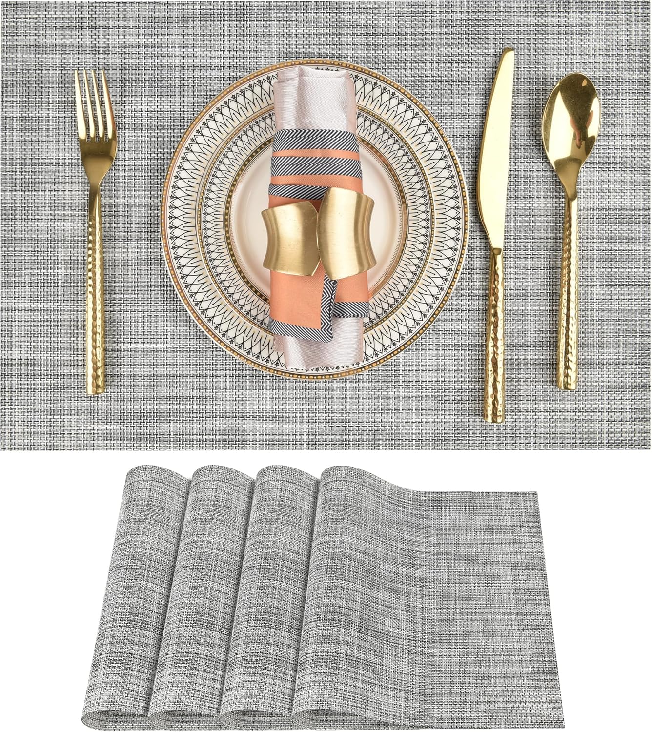 SLKQG Placemats Set of 4 - Easy Clean Washable Vinyl Placemats - Wipeable Heat Resistant Table Mats for Dining Table - 17.7x11.8 Inch (4, Black & White Two-Tone)