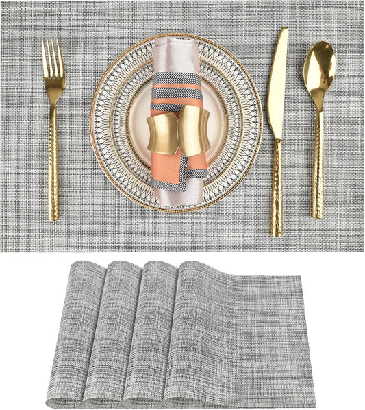 SLKQG Placemats Set of 4 - Easy Clean Washable Vinyl Placemats - Wipeable Heat Resistant Table Mats for Dining Table - 17.7x11.8 Inch (4, Black & White Two-Tone)