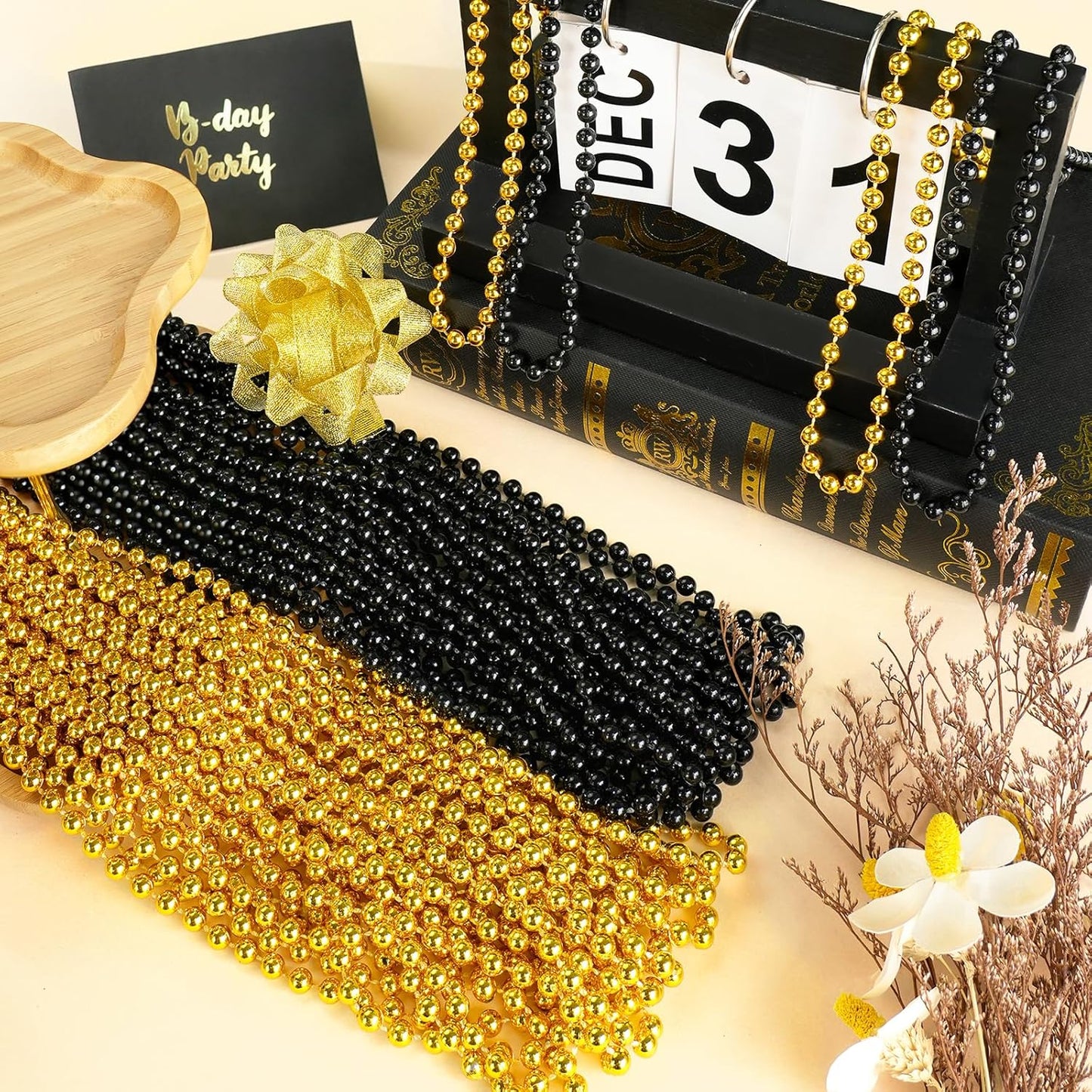 144 PCS Gold Black New Year Necklaces, New Year Eve Necklaces, 33'' Round Happy New Year Necklace Accessories, 2026 New Year Party Beads for New Year's Day, Halloween, Christmas, Carnival Party Favors