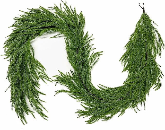 Senjie Christmas Garland Norfolk Pine Garland Real Touch Artificial Greenery Garland for Mantle Fireplace Table Indoor Outdoor Holiday Decortions 6FT 2PCS
