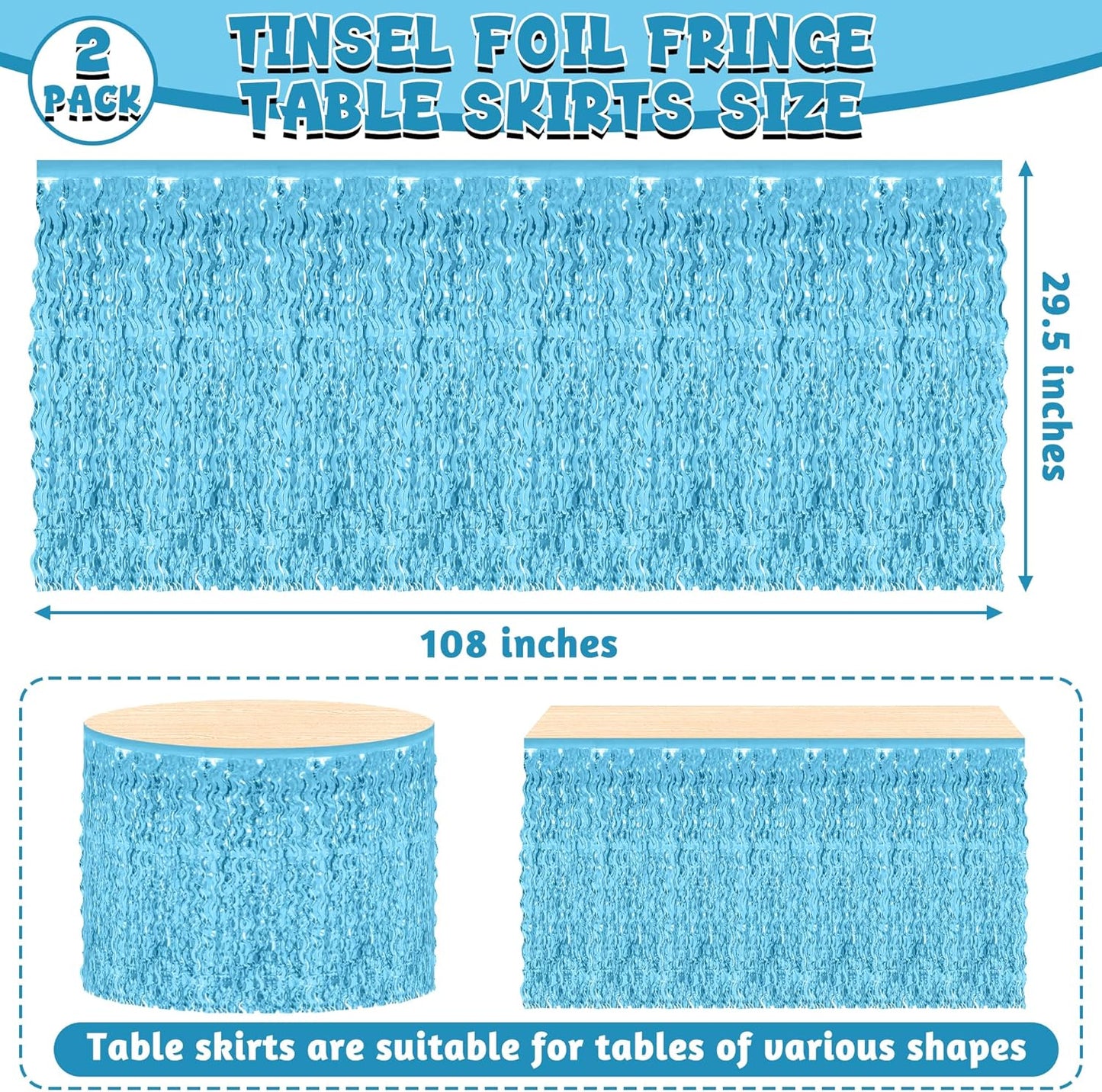 2 Pack Light Blue Table Skirt, Gender Reveal Desk Grass Skirt for Table, Under The Sea Party Wavy Tinsel Foil Fringe Table Skirts, Foil Table Skirts Oktoberfest Birthday Indoor Party Decor