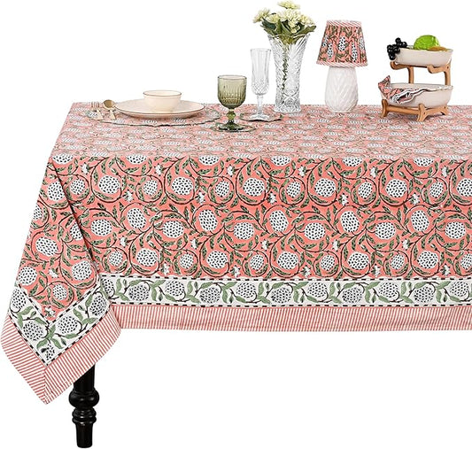 Ridhi Hand Block Print Dark Salmon Pink Rectangle Cotton Tablecloth 160" x 72" Reusable Table Cover Decorative Everyday Use for Dining, Farmhouse, Home Gift for Spring, Easter, Valentine