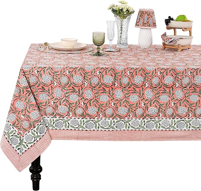 Ridhi Hand Block Print Dark Salmon Pink Rectangle Cotton Tablecloth 118" x 70" Reusable Table Cover Decorative Everyday Use for Dining, Farmhouse, Home Gift for Spring, Easter, Valentine