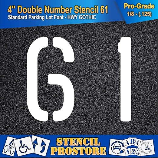 Pavement, Curb, and WheelStop Stencils - 4 inch Double Number Stencil - (61) - 4" x 4" x 1/8" (128 mil) - Pro-Grade