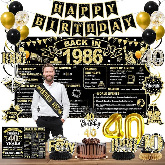 40th Birthday Decorations for Men, Black Gold Back In 1986 Party Supplies Set with Sash, Banner, Backdrop, Balloons & Cake Topper for 40 Year Old Birthday Decorations