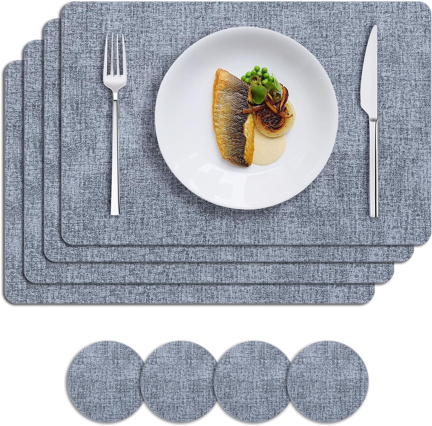 MOSAYT Placemats Set of 4, Heat Resistant Vinyl Place Mats with Coasters, 100% Waterproof Wipeable Washable Faux Leather Table Mats for Kitchen Dining Party Indoor Outdoor, 12" x 18", Sky Blue
