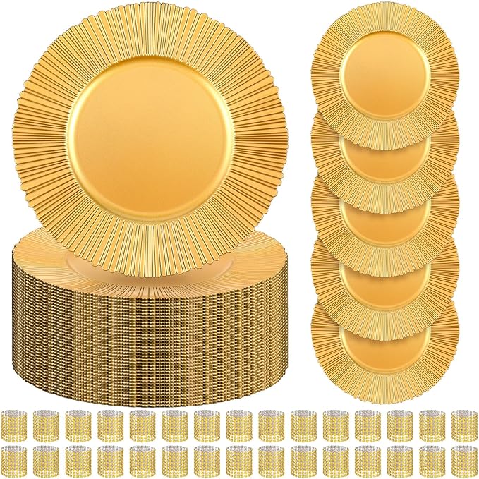 Tanlade 50 Set Bright Gold Charger Plates Bulk with Napkin Rings Plastic 13" Plate Charger Fluted Edge Wedding Decoration for Table Wedding Party Event(Sun)