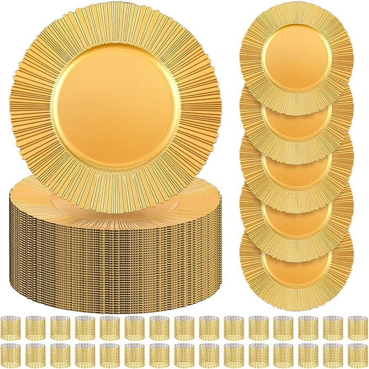 Tanlade 50 Set Bright Gold Charger Plates Bulk with Napkin Rings Plastic 13" Plate Charger Fluted Edge Wedding Decoration for Table Wedding Party Event(Sun)