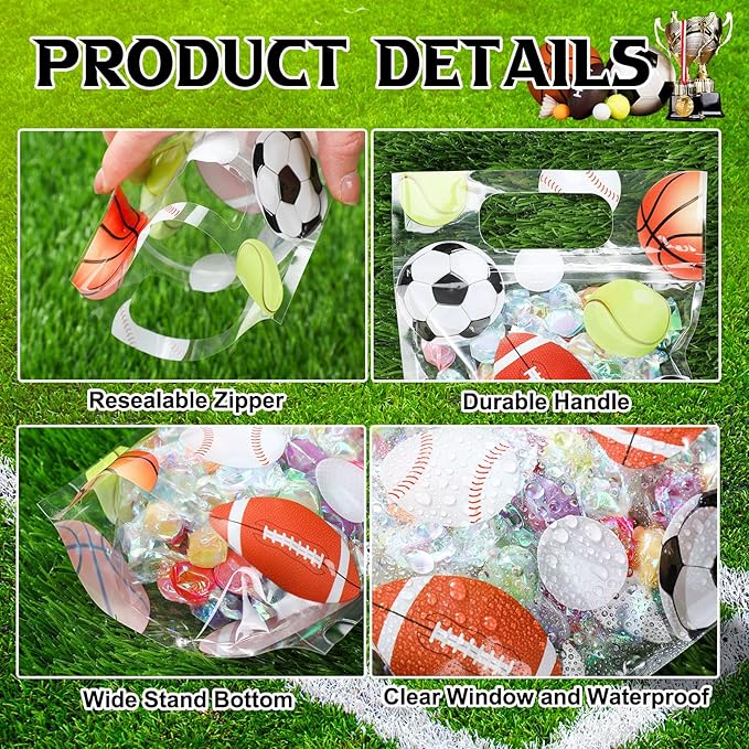 Blosssound 50 Pcs Sport Plastic Bags Clear Sportball Sealing Pouches with Handles Resealable Sport Party Zipper Bags for Sport Theme Birthday Party Candy Gift Wrap Supplies Decoration