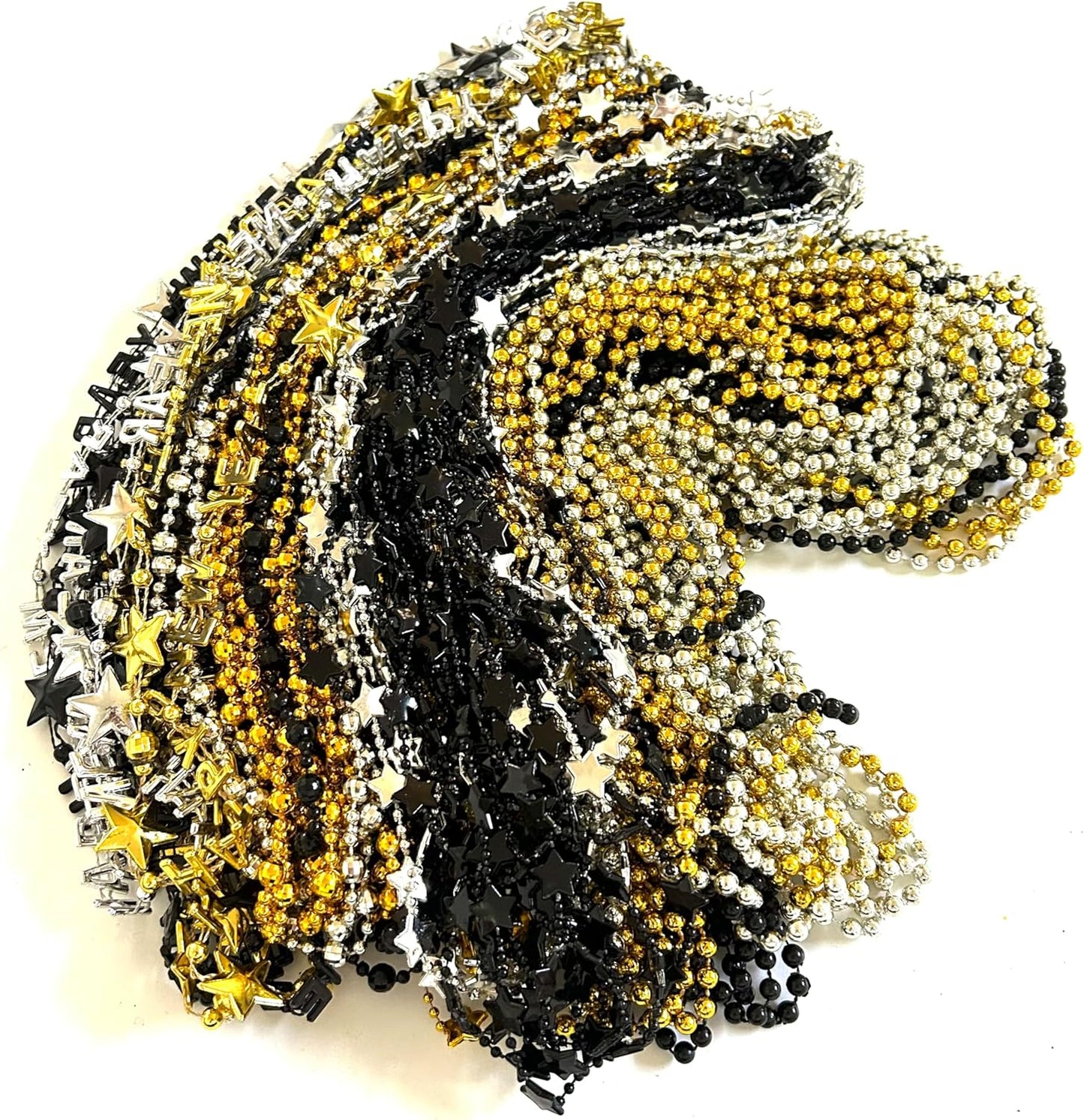81 Pcs Happy New Year Beads Necklaces - Black, Gold, Silver - New Year Eve Bulk Accessories & Decorations