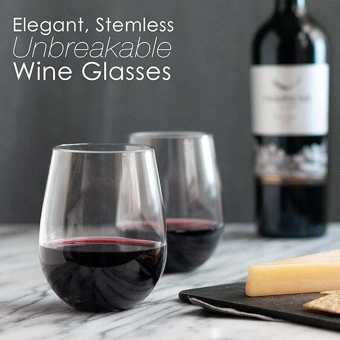 Set of 8 Unbreakable Stemless Wine Glasses – 16oz BPA-Free Tritan Plastic, Reusable & Shatterproof Drinkware for Indoor Outdoor Parties, Dishwasher Safe Crystal Clear Bar Glasses