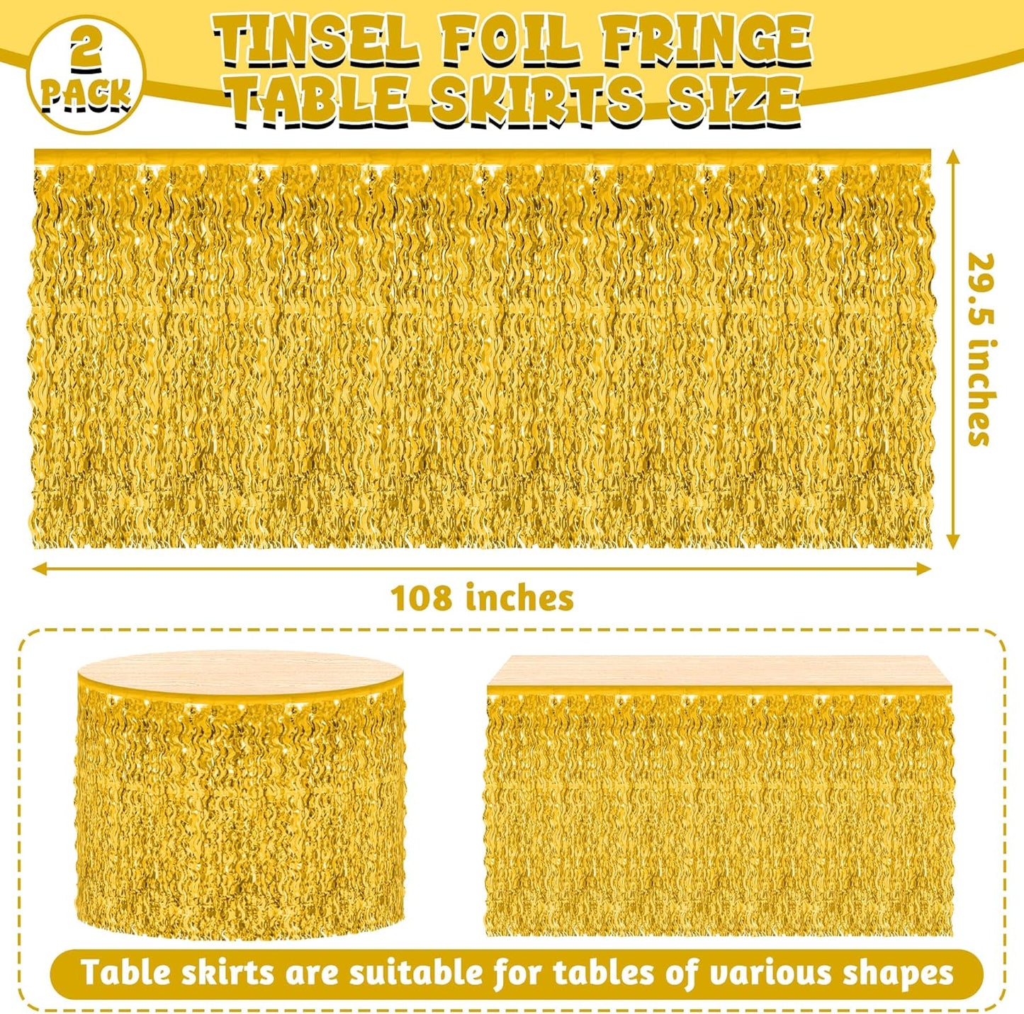Table Skirt, 2 Pack Gold Foil Grass Table Skirt, New Years Metallic Wavy Tinsel Foil Fringe Table Skirts, Table Skirts for Irish Holiday Mardi Gras Graduations New Years Birthday Party Decor
