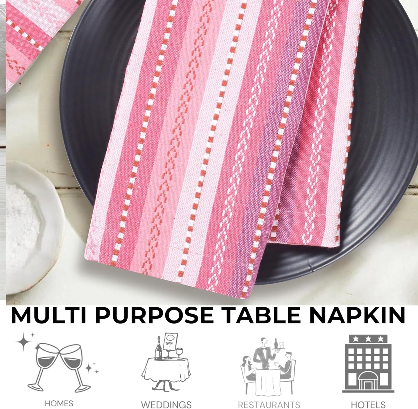 Bedding Craft Cotton Cloth Dinner Napkins Set of 12 – 18x18 Pink Multi Salsa Stripe – Reusable Machine Washable Fabric Napkins for Weddings, Parties, Kitchen & Everyday Dining