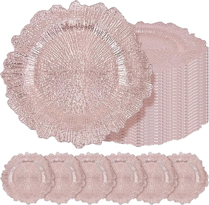 24 Pcs Rose Gold Charger Plates Bulk 13 Inch Plastic Charger Plates for Dinner Plate, Rose Gold Chargers for Table Setting, Reef Design Plate Floral Decorative Round Chargers for Wedding Party, Event
