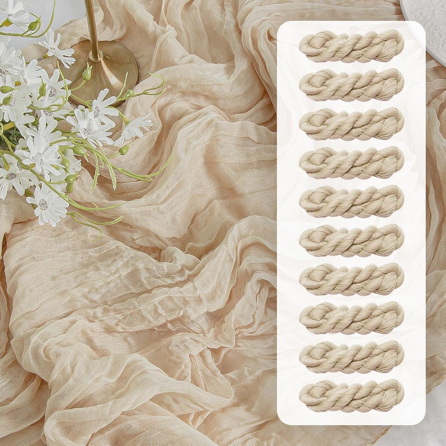 FEXIA 10 Pack Beige Gauz Table Runner 35x120 Inches Ivory Cheesecloth Rustic Boho Table Runner for Bridal Shower Wedding Party First Communion Centerpiece Engagement Rustic Boho Decoration