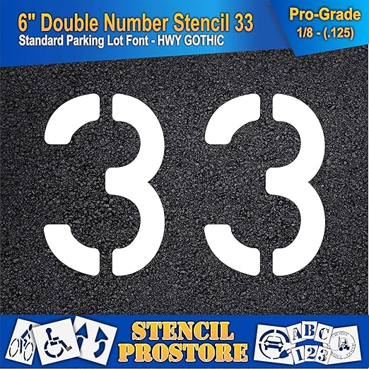 Pavement, Curb, and WheelStop Stencils - 6 inch Double Number Stencil - (33) - 6" x 9" x 1/8" (128 mil) - Pro-Grade