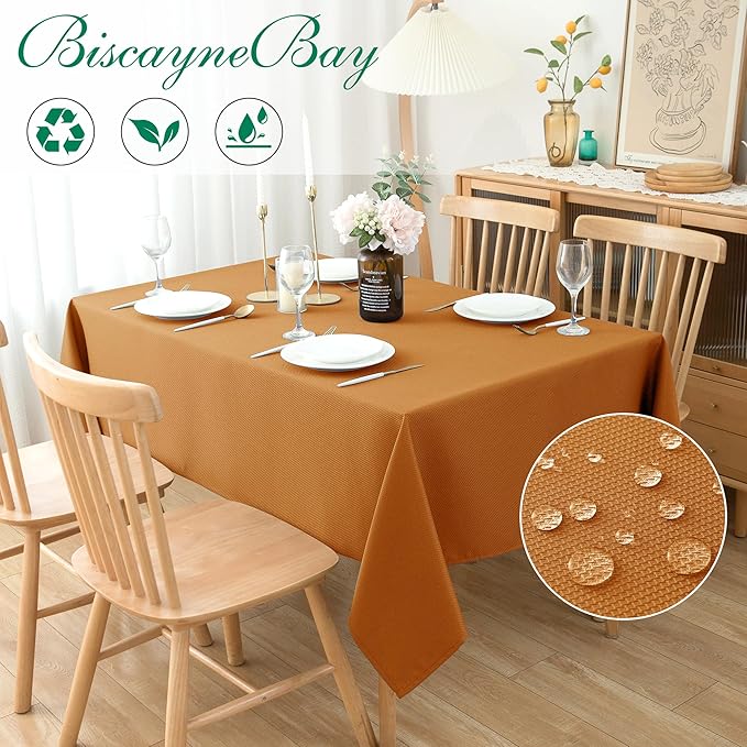 Biscaynebay Fall Tablecloth Textured Fabric 60x108 Inch Rectangular, Bronze Thanksgiving Autumn Harvest Water Resistant Fabric Tablecloths for Kitchen, Dining, Wedding, Parties Machine Washable