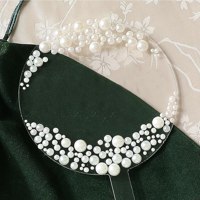 Coucoland Personalized Cake Topper - Round Acrylic Decor for Wedding Birthday with Elegant Pearls and Marker Pen (White)