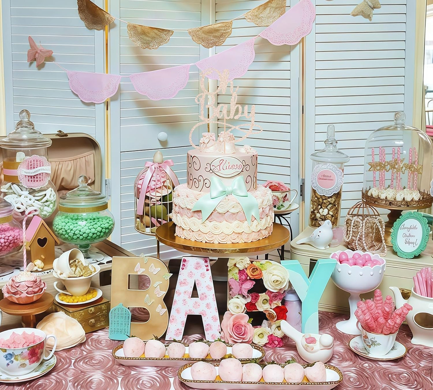 Oh Baby Cake Topper - Rose Gold Glitter Baby Birthday Party Cake Decoration Supplies, for Baby Shower/Gender Reveal Party Photo Booth Props
