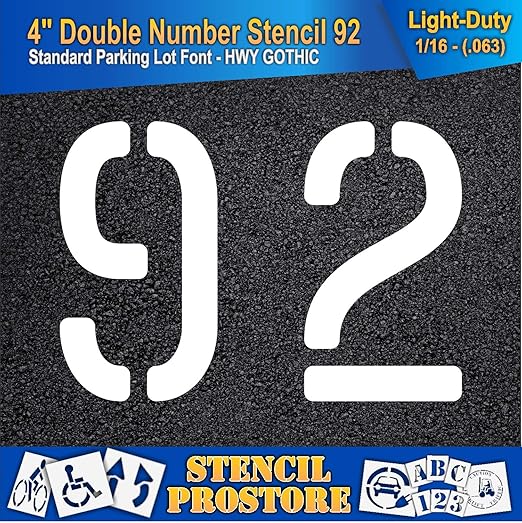 Pavement, Curb, and WheelStop Stencils - 4 inch Double Number Stencil - (92) - 4" x 5.5" x 1/16" (63 mil) - Light-Duty