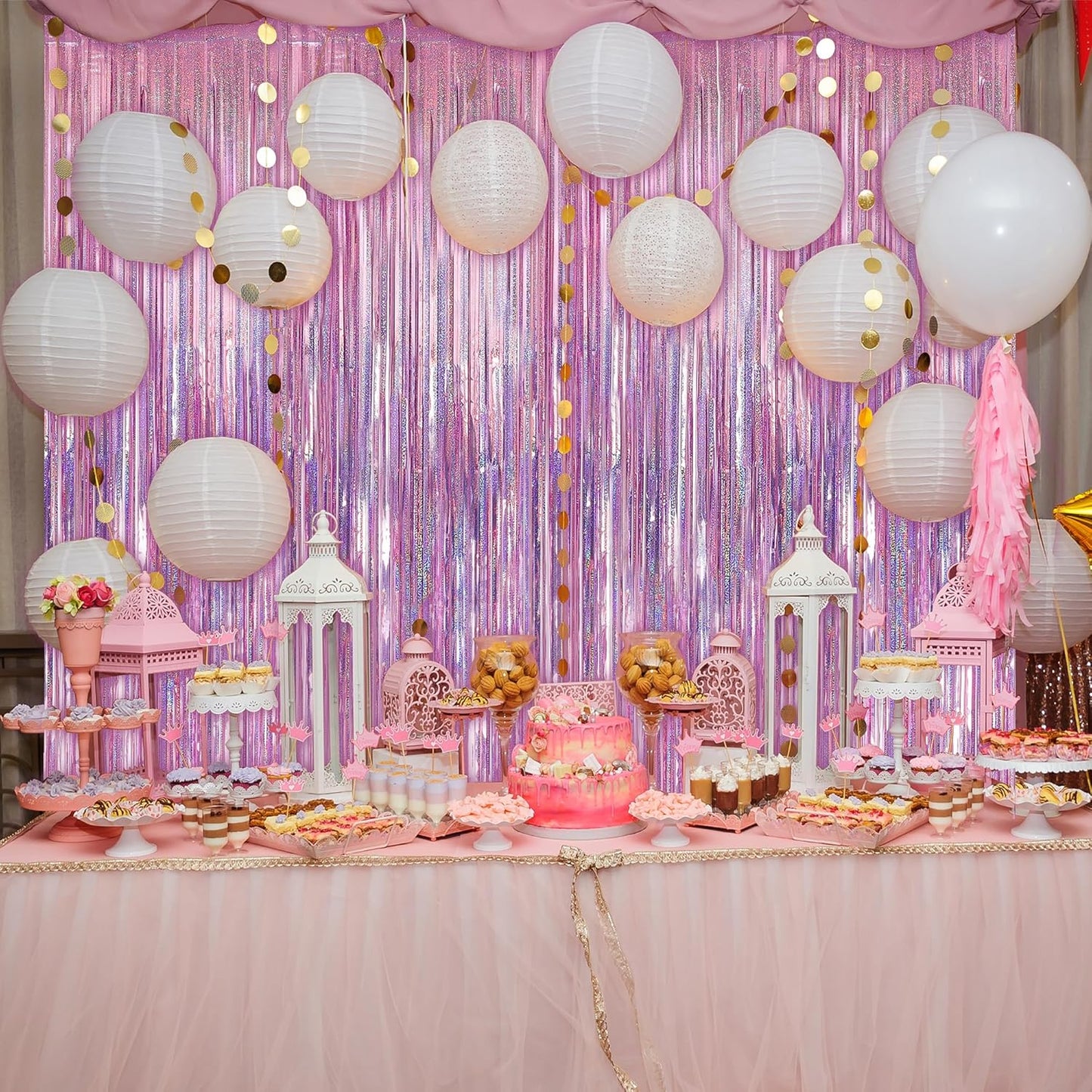 Crosize 5 Pack 3.3 x 9.9 ft Laser Pink Foil Fringe Curtains Party Decorations, Laser Pink Tinsel Curtain Backdrop for Parties, Door Streamers, Glitter Streamer Backdrop for Birthday Decoration