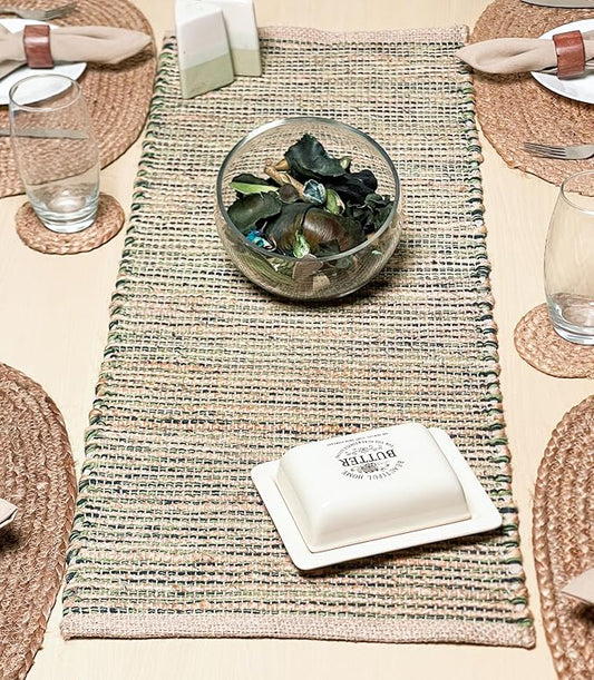 Chardin home Natural Jute Table Runner 13x48 Inch – Vintage Boho Rustic Table Decor – Handwoven Table Runner in Natural Jute and Green – Farmhouse Dining or Console Table Accent