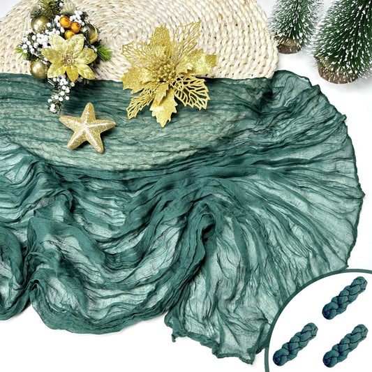 Booque Valley Christmas Table Runner 3 Pack Green Cheesecloth 10ft Soft Boho Wrinkled Decorative Gauze Sheer for Holiday Party Baptism Wedding Centerpiece Table Decor, 35x120 Inch