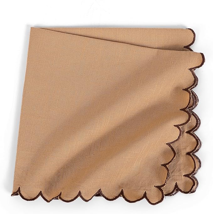 FINGERCRAFT Cloth Napkins, Everyday Use Scallop Design, Premium Quality Natural Cotton Napkin Set of 6 Perfect for Parties Dinners Weddings Easter Napkin Cloth 20x20 inch Brown/Chocolate